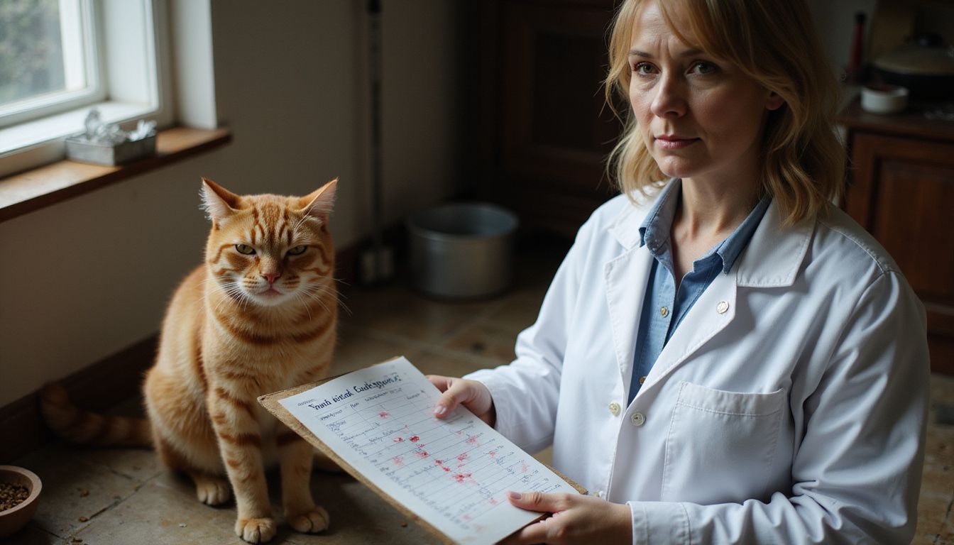 A concerned veterinarian examines a distressed ginger tabby cat beside a wooden food bowl in a dim kitchen corner.