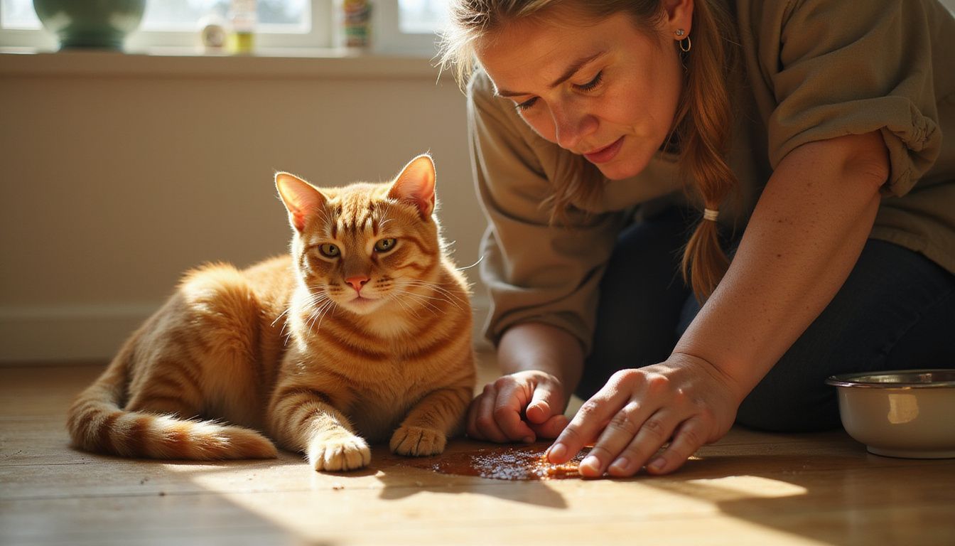 A concerned woman kneels beside her distressed orange tabby cat on a worn kitchen floor, addressing a health issue.