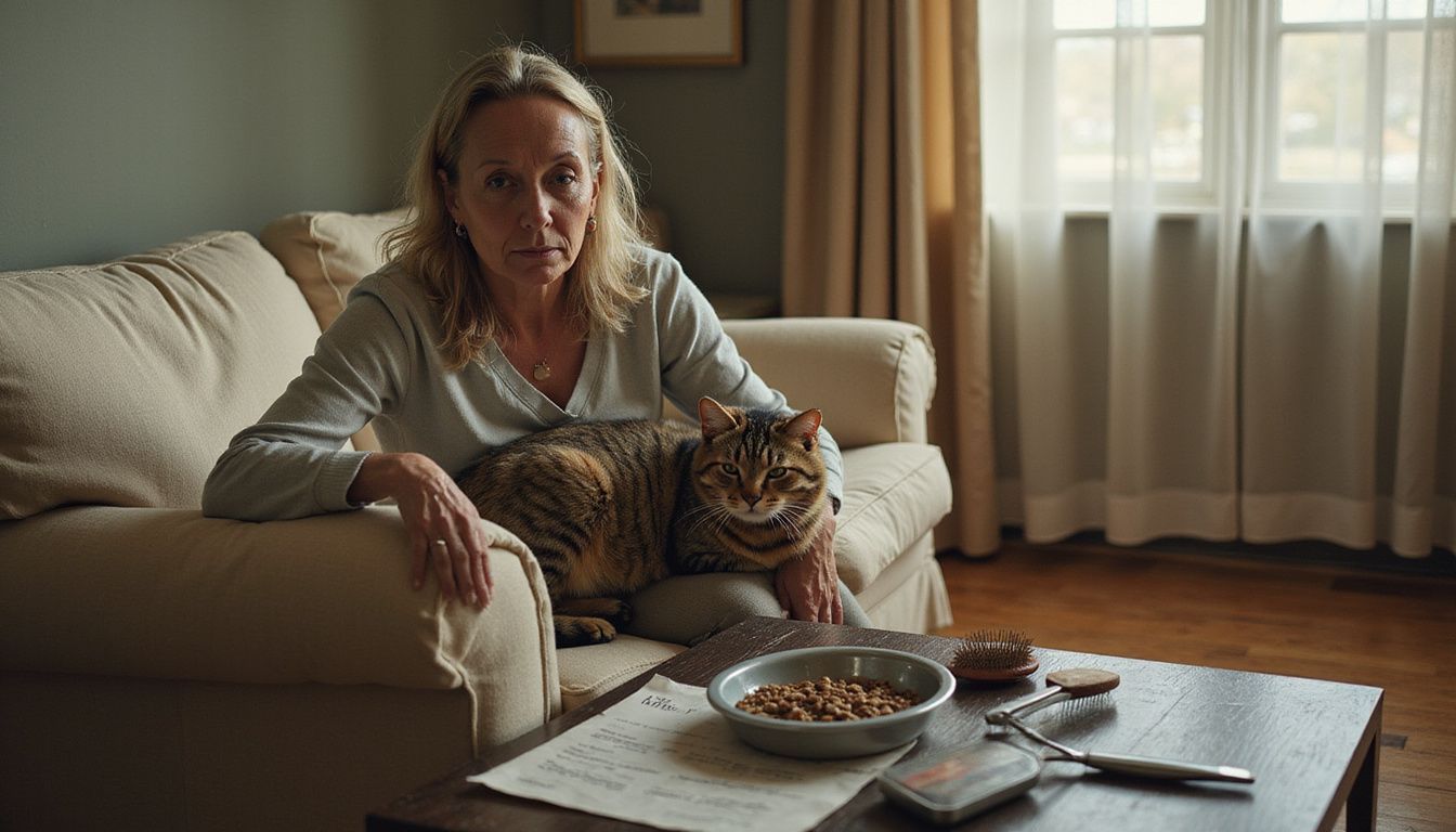 A concerned middle-aged woman tenderly watches her ill tabby cat while sitting on a well-used sofa.