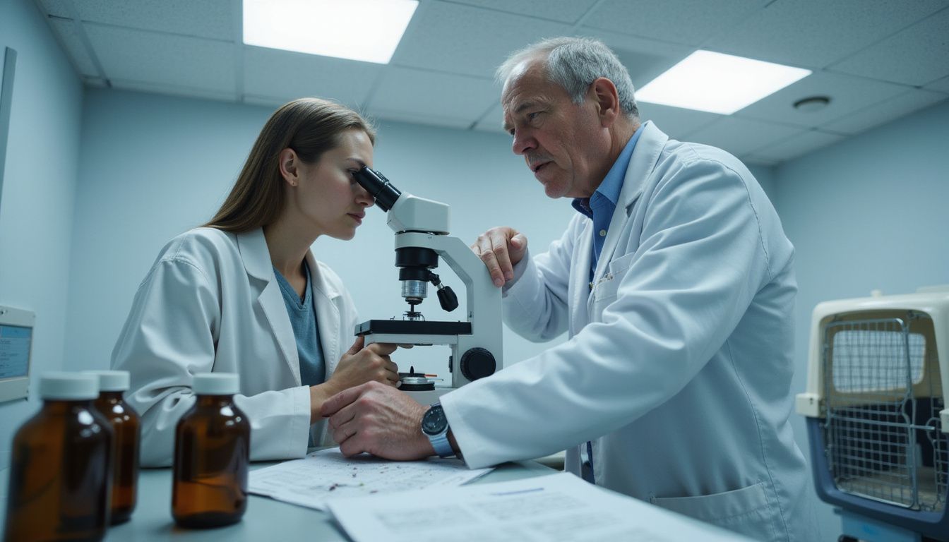 A young adult anxiously examines a microscope in a sterile veterinary room while a veterinarian guides them.