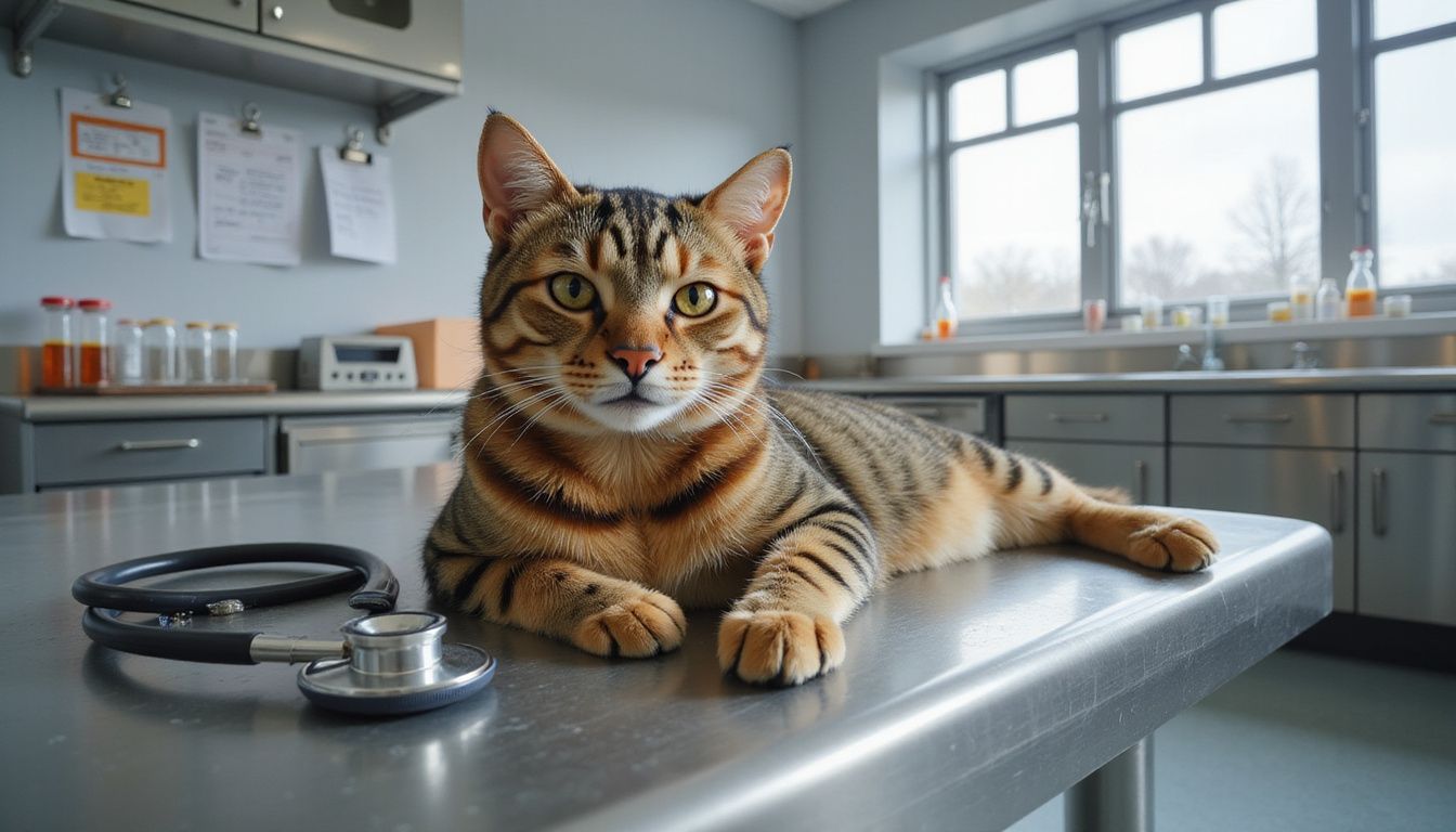 A tabby cat rests on a worn veterinary examination table, surrounded by medical supplies and a veterinarian's attentive hands.