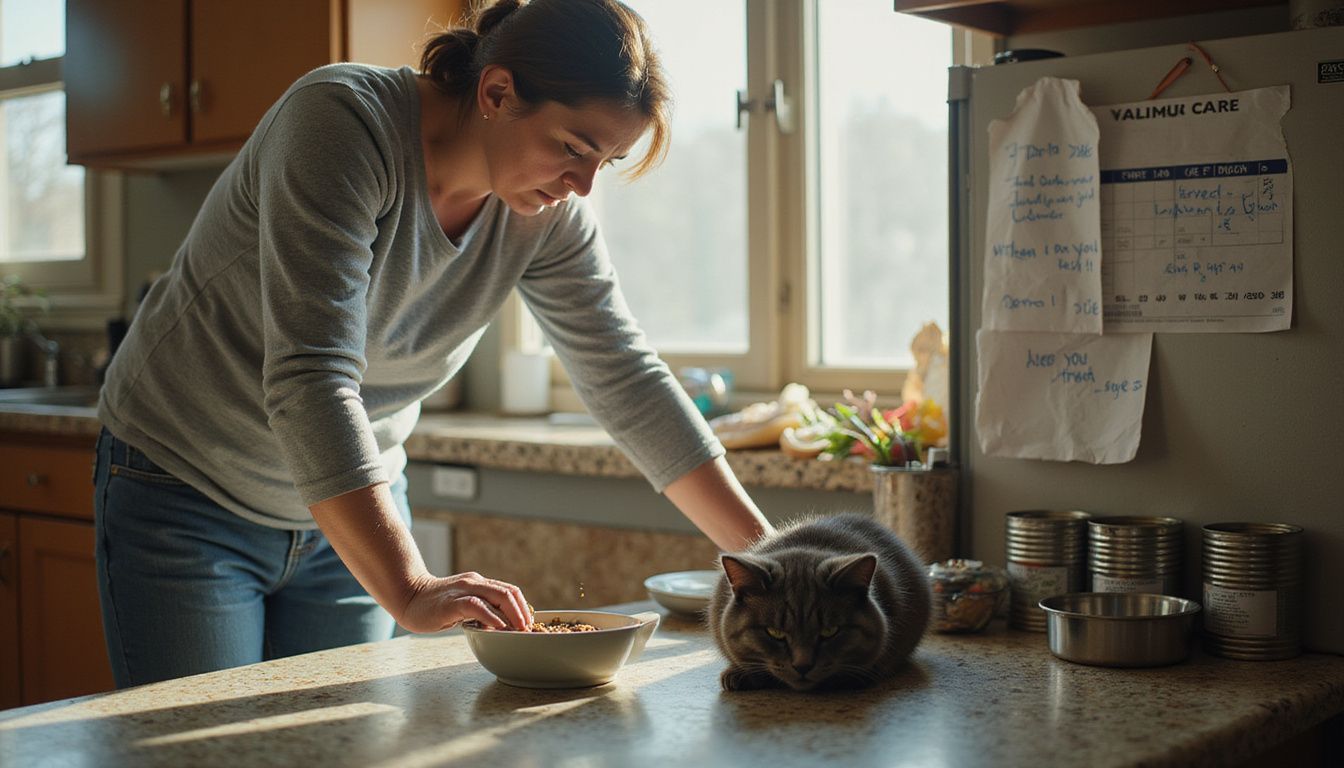 A concerned middle-aged woman watches her lethargic cat in the kitchen, surrounded by pet supplies and medical pamphlets.