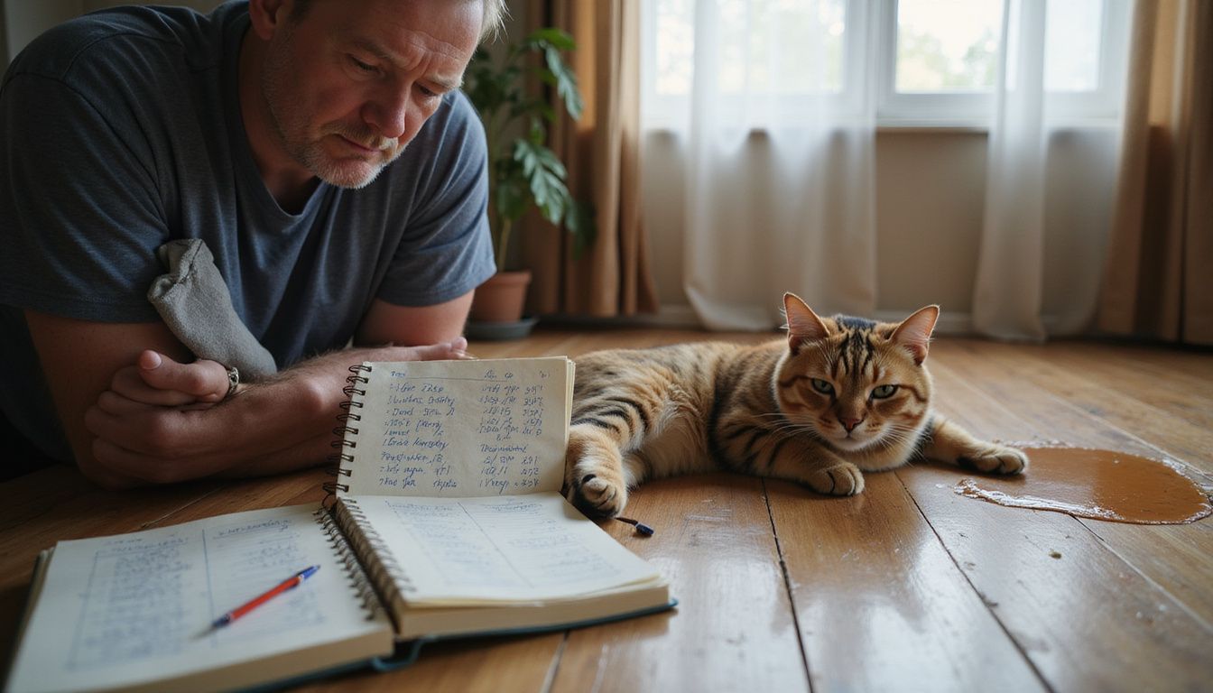 A concerned adult sits on the floor, monitoring their sick tabby cat surrounded by notes and symptoms documentation.