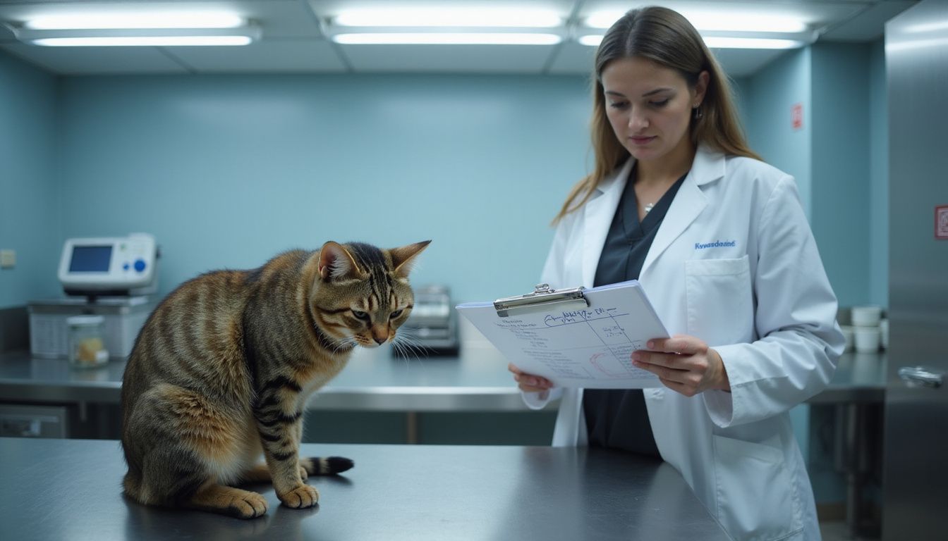 A distressed tabby cat with matted fur is being examined by a veterinarian in a clinical setting.