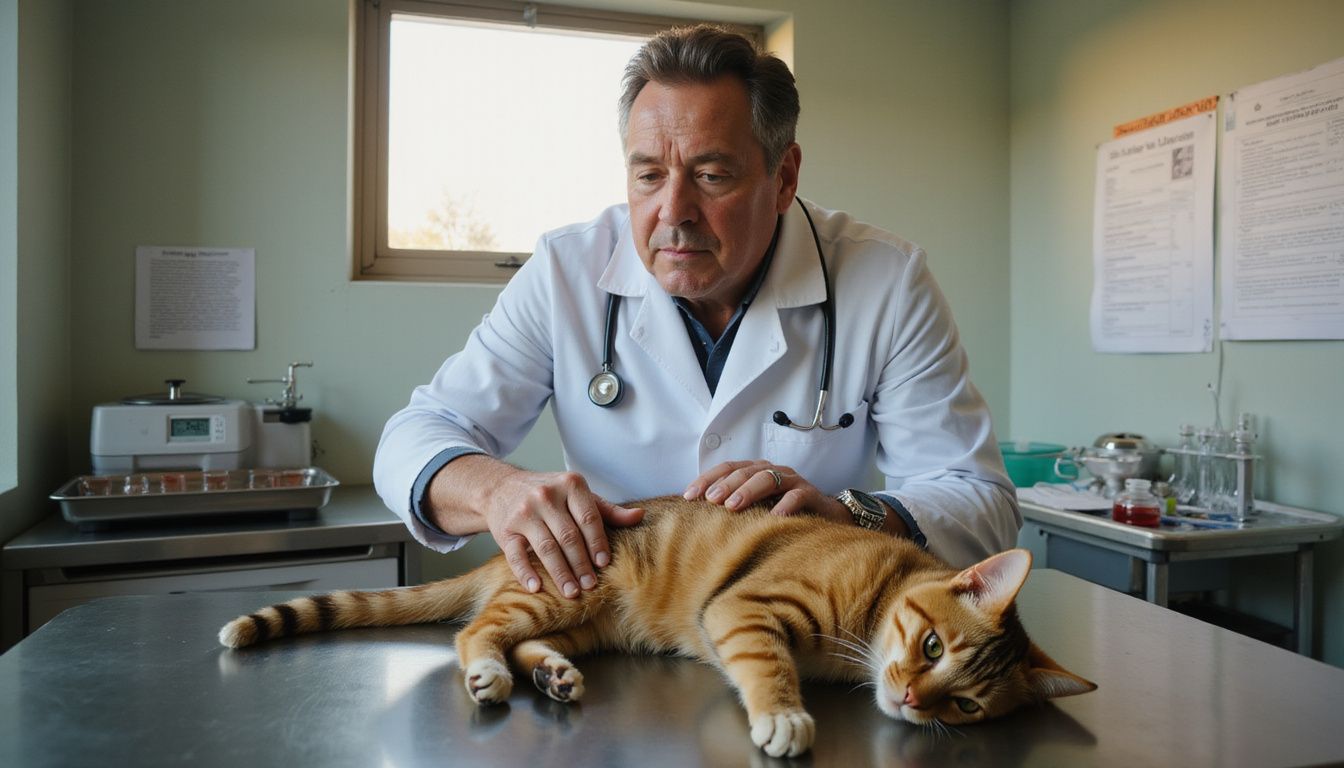 A veterinarian examines an orange tabby cat's abdomen on a stainless steel exam table in a clinical setting.
