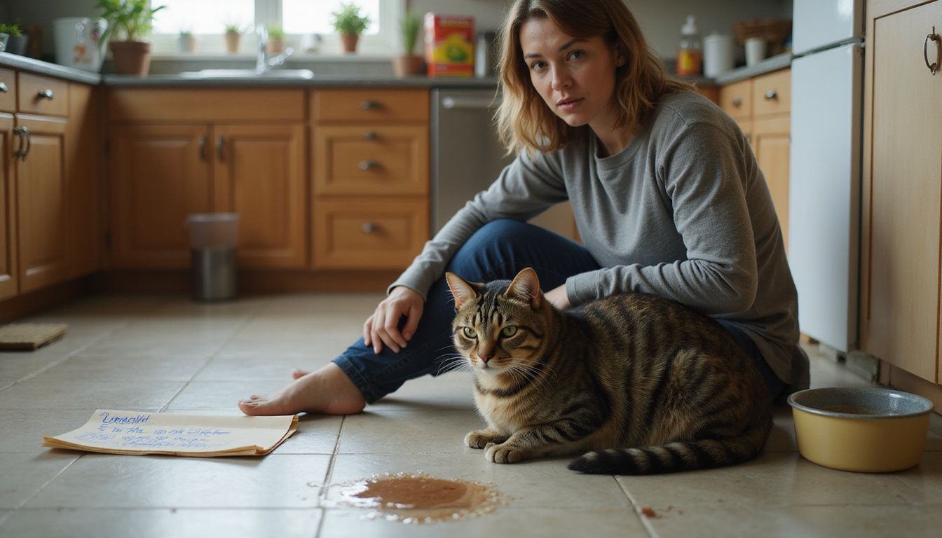 A concerned woman sits on the floor beside her unwell tabby cat, surrounded by pet care supplies and veterinary contact information.