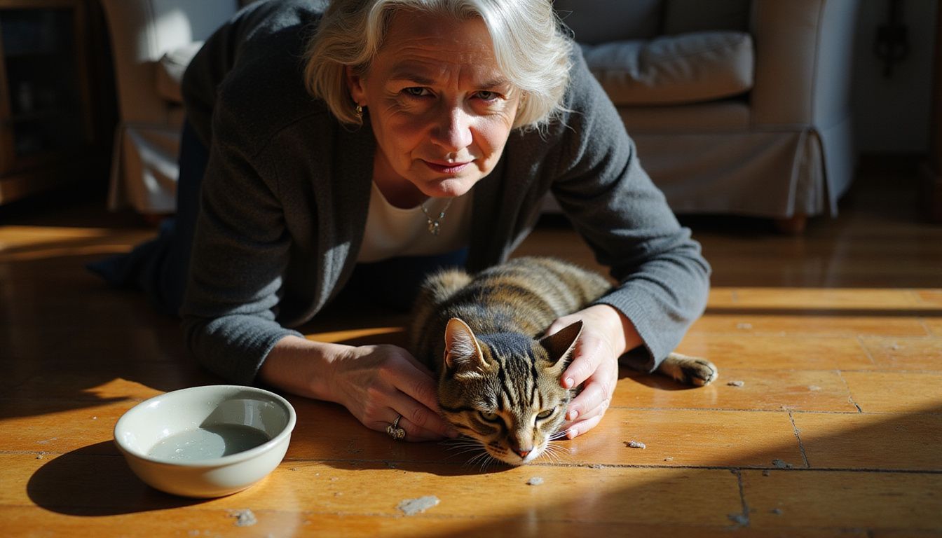 A worried woman kneels beside her distressed tabby cat, surrounded by spilled water and vomit on the hardwood floor.