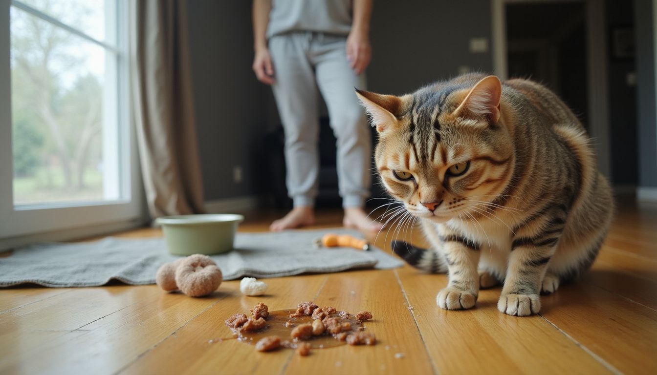 A concerned woman watches her distressed tabby cat next to a small pool of vomit on the floor.