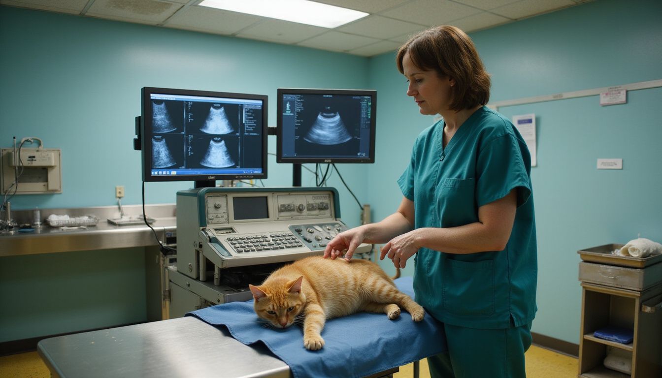 A veterinary technician performs an ultrasound on an orange tabby cat in a busy examination room.