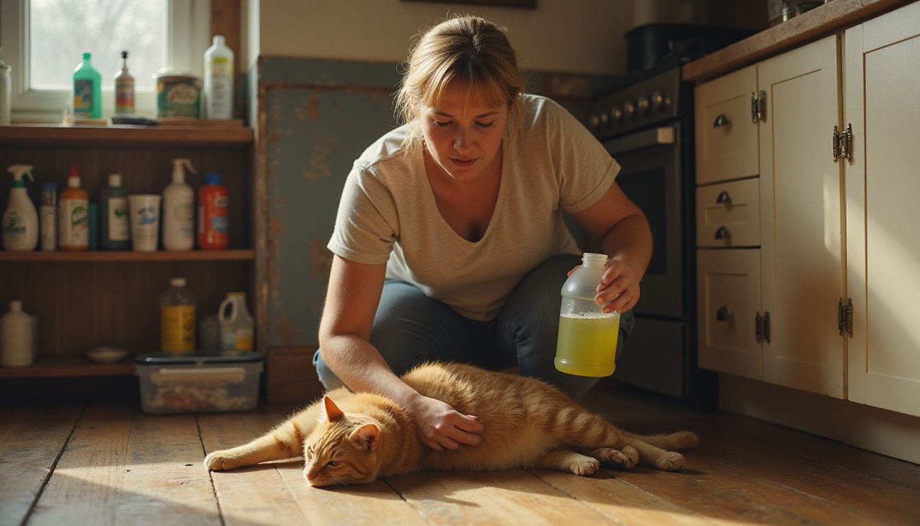 A worried woman kneels beside her limp orange tabby cat while holding a bottle of antifreeze, expressing distress.
