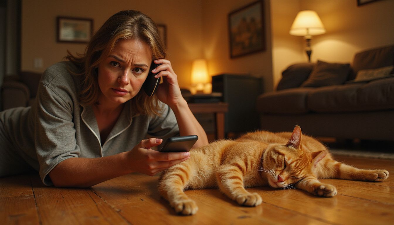 A worried woman kneels beside her unresponsive orange tabby cat while on a phone call during a veterinary emergency.