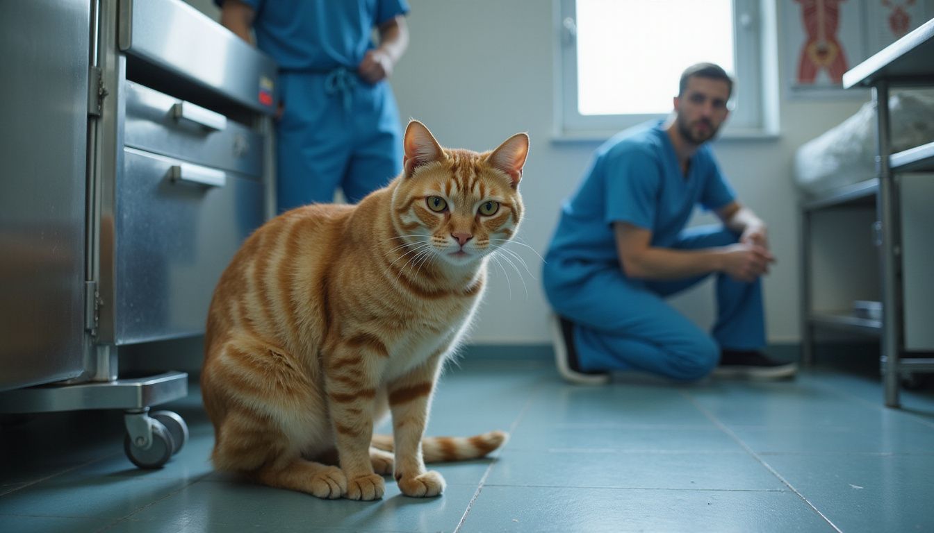 An orange tabby cat appears distressed in a veterinary examination room alongside a concerned veterinarian in scrubs.