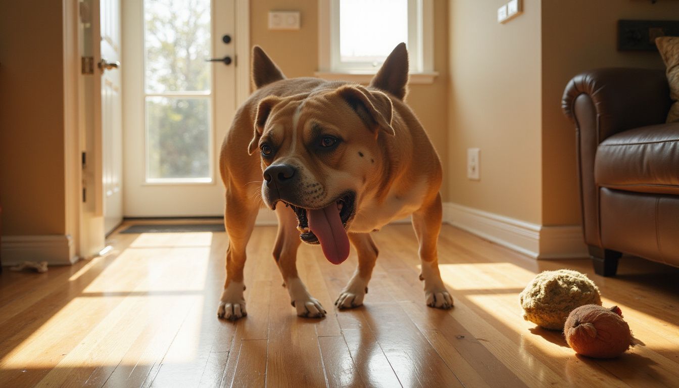 A distressed medium-sized dog stands near a contemporary front door.